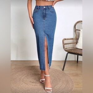 Blue Denim Midi Skirt with Front Slit